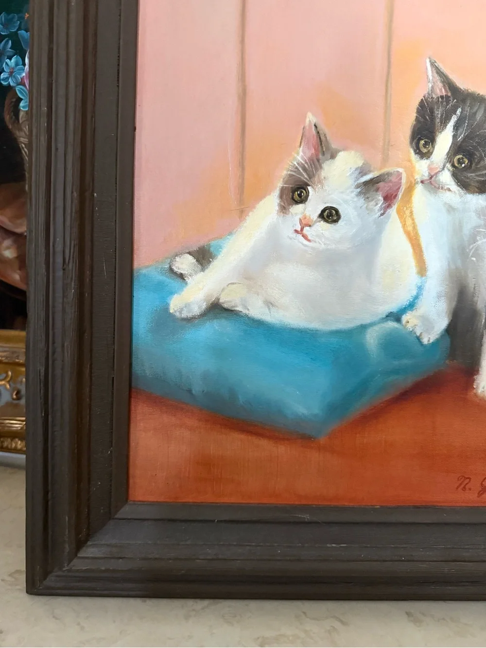 Cat Painting Wall Art - Brown Frame